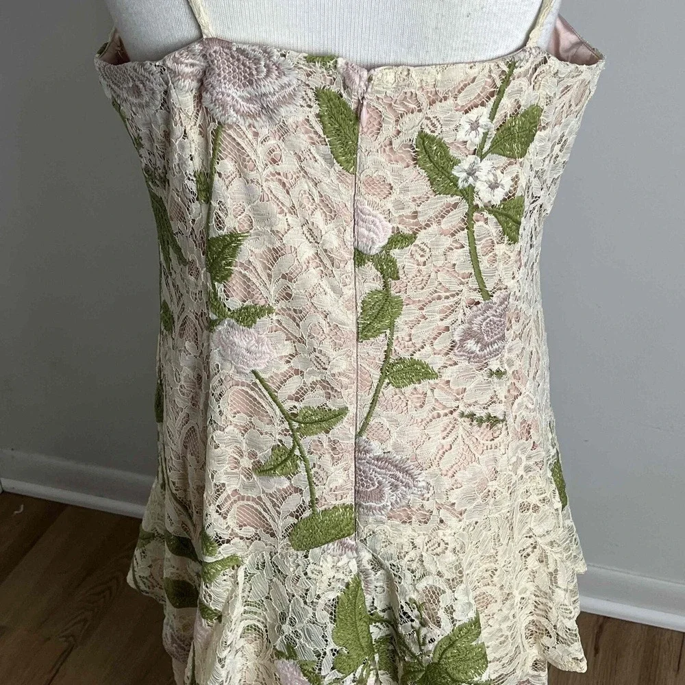 NWT Alex Marie Fairycore Pink Green Floral Lace Ruffle Sheath Midi Dress Size 14